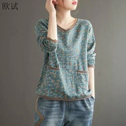 Oversized Vintage T Shirt Women Cotton Linen T-Shirt Long Sleeve Floral Loose Tee Shirt Woman Autumn Tshirt Ladies Tops Casual 240228