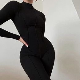 048 Bright Line Decoration Black Jumpsuit Outfit Female Long Sleeve Bodycon Jumpsuit 240301