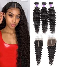 Brazilian Deep Wave Curly Human Hair Weaves 3 Bundles With 4x4 Lace Closure Bleach Knots Closures7381915