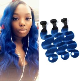 Indian Virgin Hair 3 Bundles Body Wave 1BBlue Ombre Human Hair Extensions Three Pieces 1B Blue1150141