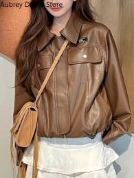 Jackets Winter Punk Brown Leather Jacket Women Outerwear Moto Biker Zipper Leather Jacket Casual High Street Vintage Leather Coat 2023