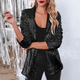Women Shinny Sequins Blazer Casual Long Sleeve Shimmer Glitter Party Shiny Lapel Jacket Coat Fall Rave Outerwear Mujer 240304
