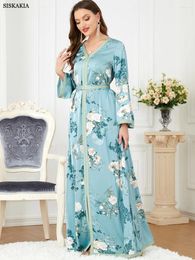 Casual Dresses Elegant Women's For Party 2024 Floral Printed V-Neck Tape Trim Belted Kaftan Muslim Abaya Dress Dubai Ramadan