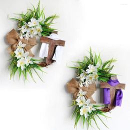 Decorative Flowers Spring Wreath Decoration Easter Wooden With Artificial White Flower Bowknot Ribbon Indoor Outdoor Holiday For Front