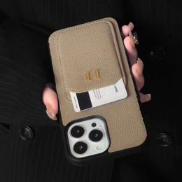 iPhone 15 Pro Max Designer Letter Phone Case for Apple 14 13 12 11 XS XR 8 7 Plus Luxury PU Pebbled Leather Hardware Card Holder Pocket Mobile Back Cover Coque Fundas Khaki