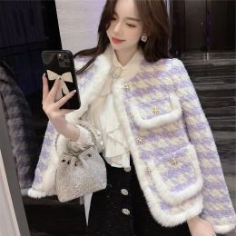 Blends Women's Cotton Short Coat Commuter Style Overshirt Thickened Jacket Autumn Winter Clothes Imitation Mink Fur Coat Chequered Suit