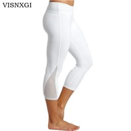 Leggings VISNXGI Sexy Women Leggings Mesh Patchwork MidCalf Trousers Pants Black Capris Sportswear New Fitness Casual Breathable Bottom