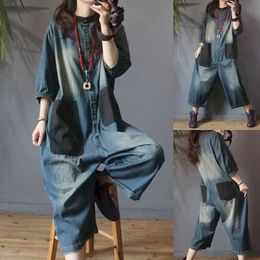 Denim Wide Leg Jumpsuit Women Vintage Large Size Oversize Patch Pocket Jumpsuit Trend LOOSE Outfit Women Patchwork240304