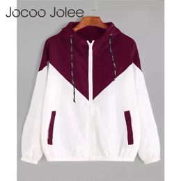 Jocoo Jolee Spring Autumn Fashion Hooded Two Tone Windbreaker Jacket Zipper Pockets Casual Long Sleeves Feminino Coats Outwear 240226