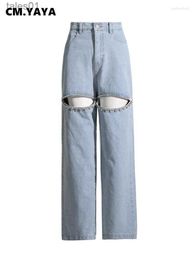 Women's Jeans Jeans CM. Fashion Diamonds Splicing Cut Out Front Love Back Wide Leg INS Street Denim Pants Trousers 240304
