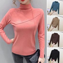 Women's Blouses Turtleneck Women Blouse Slim Stitch Design Thermal Top Autumn Winter Double-sided Velvet Solid Bottoming Shirt