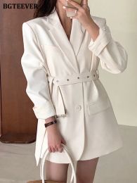 Blazers BGTEEVER Stylish Notched Collar Singlebreasted Women Jacket Loose Pockets Female Suit Coat Spring Belted Female Blazers Outwear