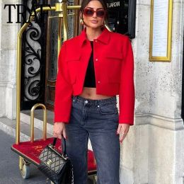 Jackets TRAF 2023 Cropped Red Blazer Women Vintage Chic And Elegant Woman Jacket Long Sleeve Short Coats Flap Women's Autumn Jacket