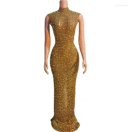 Stage Wear Women Sexy Sparkly Full Rhinestones Long Dress Mesh See Through Celebrate Evening Prom Birthday Singer Show