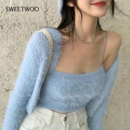 Cardigans Spring 2 Piece Set Ribbed Knitted Women Cardigan + Camisole Outfits Slim Short Tops Long Sleeve Casual Camis and Cardigans Suit