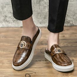 Summer Half Pallet Vulcanised Board Shoes for Men PU Trendy Stone Texture Anti Slip and Breathable Casual Leather Shoes