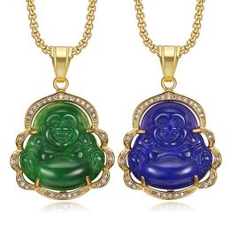 Hip Hop Vintage Jade Maitreya Buddha Titanium Steel Pendant Necklace 18K Real Gold Plated Women Men Jewellery