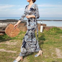 Casual Dresses Ladies Elegant One-piece Wrap Dress Roupas Feminina Sexy V-neck For Women Robe Retro Floral Maxi Vestido De Mujer