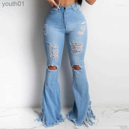 Women's Jeans Womens Jeans Sexy Denim Ripped Women Flared Pants Knee Cut Hole Destroyed Slim Boot Trousers Wide Leg Bell Bottom Fashion Club 240304
