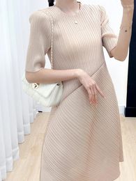 Casual Dresses Miyake Pleats Irregular Short Sleeve Dress Women 2024 Summer Korean Style Loose Plus Size Asymmetric Designer Clothes