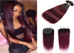 Brazilian Ombre Straight Human Hair 3 Bundles With Closure Colored 1B99j Burgundy Brazilian Virgin Human Hair Weave With Lace Clo8134556