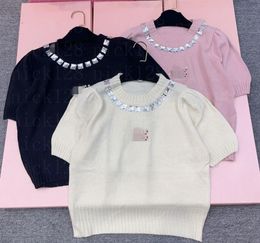 24 Women's Designer Knitted Short sleeved T-shirt Top Letter Flash Diamond Age Reducing T-shirt Versatile Women's 302