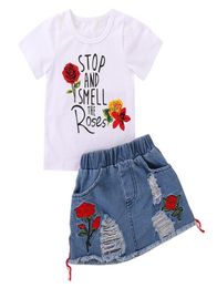 Rose Printed Baby Girl Clothing Sets Cotton Short Sleeve T Shirt with Ripped Jean Two Piece Skirt Set Casual Summer Outfits 1905238225695