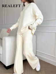 Autumn Winter 2 Pieces Women Sets Knitted Tracksuit Turtleneck Sweater and Straight Jogging Pants Suits 240304