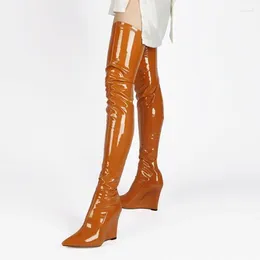 Boots Plus Size 43 Wedged Over The Knee Shinny Patent Leather Pointed Toe Slim Fit Thigh High Brown Red Black