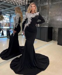 2024 Black Dresses Wear Sexy Jewel Neck Mermaid Crystal Beads Pearls Long Sleeves Arabic Women Formal Evening Gowns