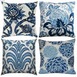 Chair Covers Blue flower retro pattern linen pillowcase sofa cushion cover home decoration can be Customised for you 40x40 50x50 60x60 45x45