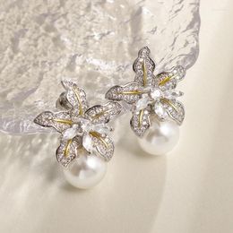 Stud Earrings Women Fashion Elegant Shiny Zircon Set Floral Imitation Pearl Copper Wedding Prom Costume Jewellery Accessories