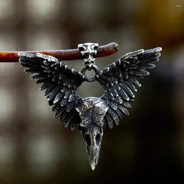 Pendant Necklaces Vintage Viking Crow Skull Necklace Men's Black Stainless Steel Wing Unique Animal Amulet Jewellery Drop