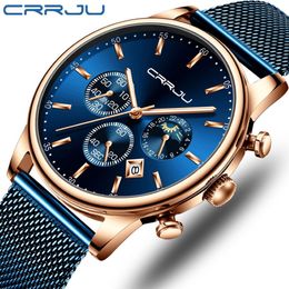 Relogio Masculino CRRJU Luxury Quartz Watch for Men Blue Dial Watches Sport Watches Chronograph Clock Mesh Belt Wrist Watch3337