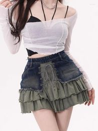 Skirts HOUZHOU Y2k Vintage Denim Skirt Women High Waist A-line Patchwork Korean Fashion Bandage Ruffles Jeans Mini Summer Grunge