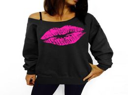 Sexy Lips Printed Hooded Women Fashion one Shoulder Loose Pullovers Crewneck Tracksuit Sweatshirt Casual Pullover Blusas Mujer for3888191