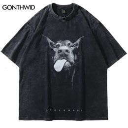 Men Streetwear Hip Hop Oversized T Shirt Funny Doberman Dog Graphic T-Shirt Vintage Washed Black Tshirt Harajuku Tee Cotton 240227