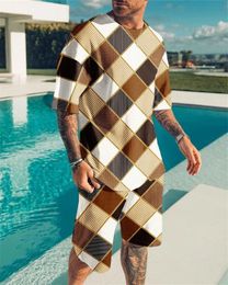 Summer Men Tracksuit Set Plaid 3D Printed TShirt Beach Shorts 2piece Round Neckline Oversized Mens Sportswear Casual Suits 240219