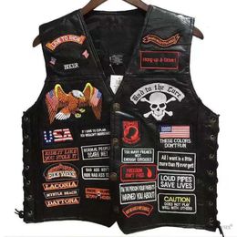 Mens Motorcycle Leather Vests Short Single Breasted 42 Patches Fashion Embroidered Sleeveless Jacket Punk Vest for Men 240226