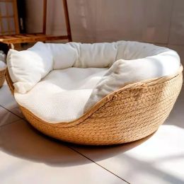 Houses Pet Basket Mattress Rattan Grass Weaving Cat Nest Dog Kennel Straw Scratch Board Cat Bed for Puppy Kitten All Season Universal