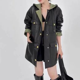 Jackets Autumn Winter Leather Clothing for Women New Female Oversize Genuine Leather Windbreaker Medium Long Hooded Coat Casual Jacket