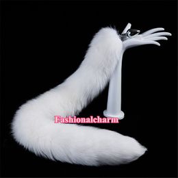 70cm 27 5 - Real Genuine White Fox Fur Tail Plug Metal Stainless Anal Butt Plug Insert Sexy Stopper Cosplay Toy273G