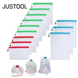 JUSTOOL 12pcs S/M/L Reusable Fruit Vegetable Bags Net Bag Produce Washable Mesh Bags Pouch Kitchen Storage Bags Toys Sundries 240229