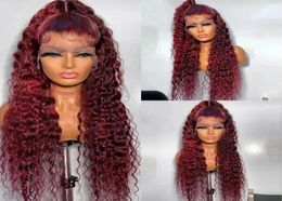 Curly Human Hair Wigs Wine Red Brazilian Remy Deep Wave Full Lace Front Synthetic Wig 180 Pre Plucked6982110