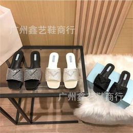 Sports shoes 2024 P Family Water Diamond Slippers for Womens Summer New Triangle Label Outwear One line Square Head Heel Cool Drag Flat Bottom