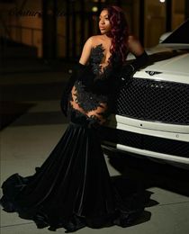 Sexy Lace Appliques Mermaid Black Girl Prom Dress 2024 Veet Beads Sheer Mesh Graduation Formal Party Evening Gowns Robe De Bal 0223 329 329