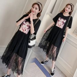 Dresses 2142# Maternity Clothes Summer Cotton Lace Short Sleeve Loose Stylish Dress for Pregnant Women Pregnancy Clothes