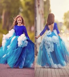 Ball Gown Long Sleeves Girls Pageant Dresses Jewel Lace Ruched Puffy Flower Girl Dresses For Weddings Tutu Skirt Backless Kids Par7799649