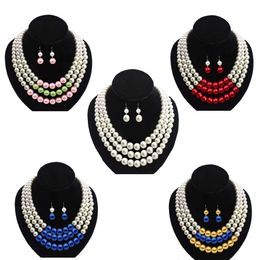 Custom Multi layers Pearl Beads Women Necklace Earring Jewellery Set Three Strands Pink Green beaded Pearl Necklace 240227