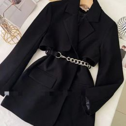 Trench Suit Jacket Belt Women Korean Fashion Breasted Suit Fall Long Sleeve Black Office Ladies Jacket Fashion Designed Female Coat New
